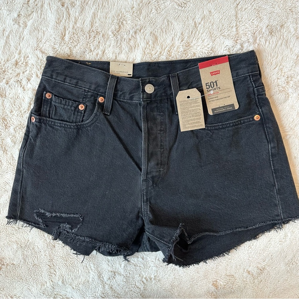 Levi’s 501 Shorts Womens Black Distressed Hi Rise Cutoff Size 27 NWT Button Fly